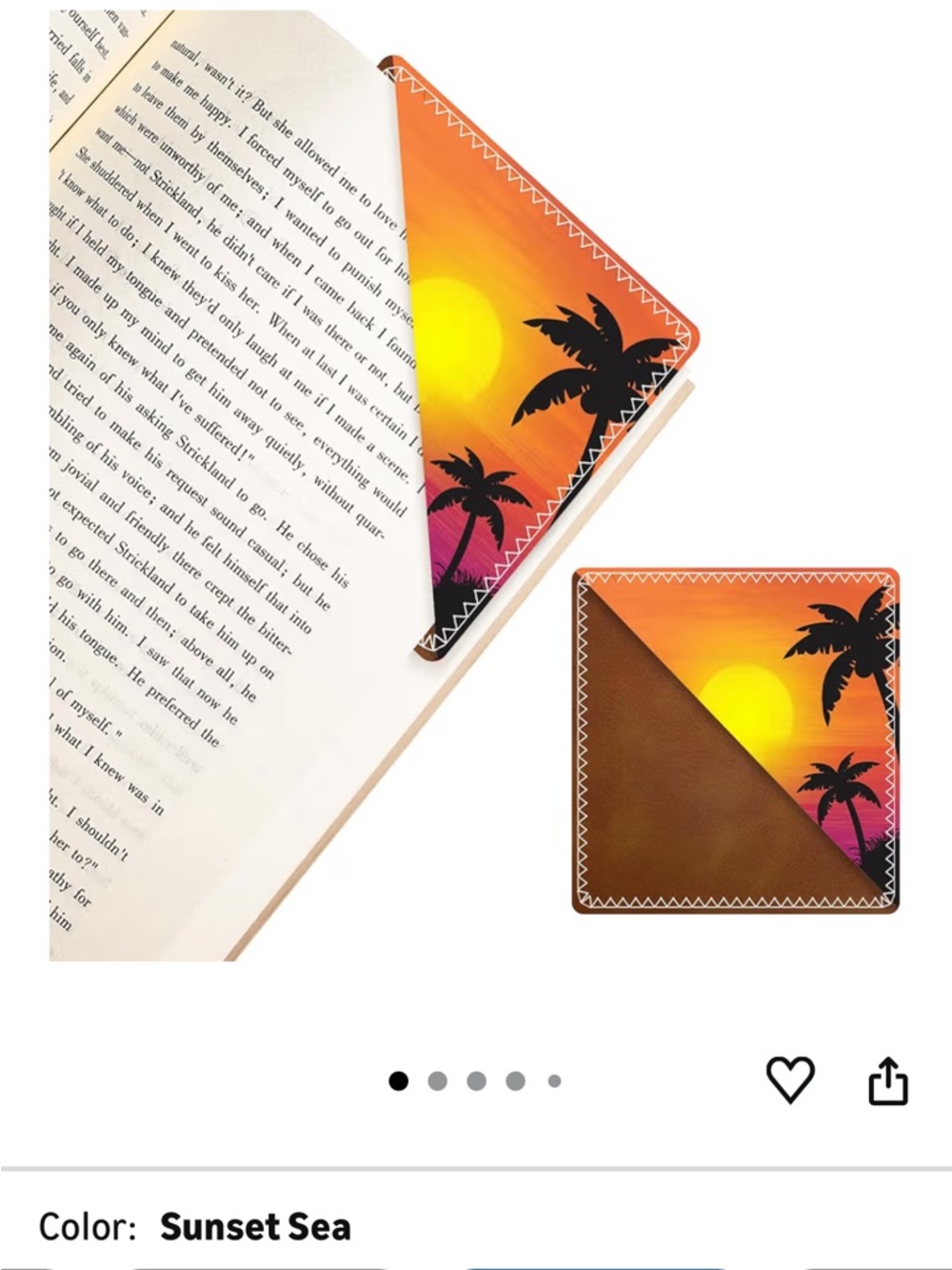 Sunset Sea Faux Leather Corner Bookmark with Palm Tree Design